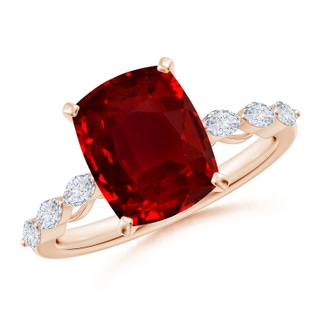 10x8mm AAAA Cushion Rectangular Ruby Engagement Ring with Marquise Diamonds in 18K Rose Gold