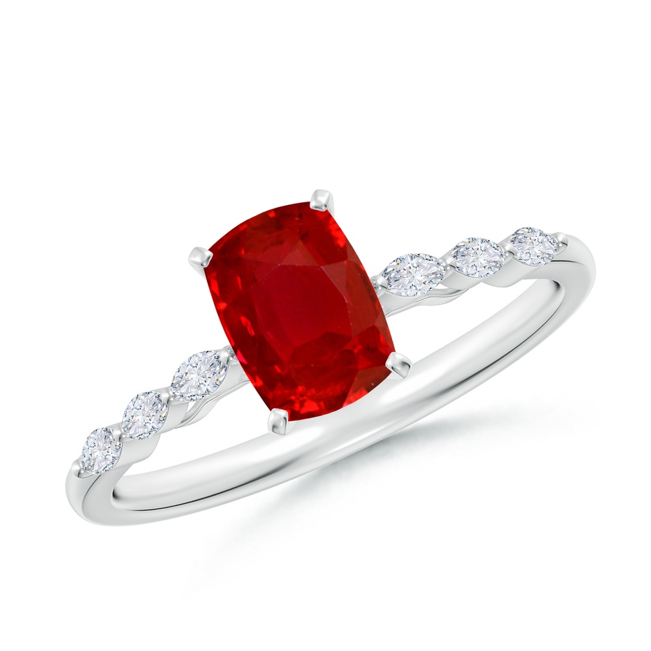 7x5mm AAA Cushion Rectangular Ruby Engagement Ring with Marquise Diamonds in White Gold 