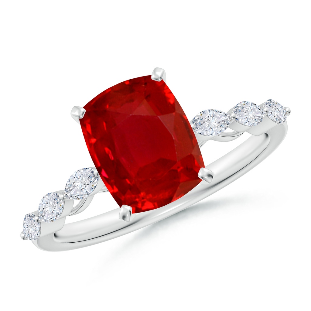 9x7mm AAA Cushion Rectangular Ruby Engagement Ring with Marquise Diamonds in White Gold
