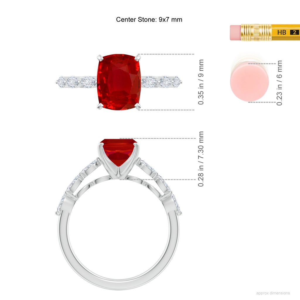 9x7mm AAA Cushion Rectangular Ruby Engagement Ring with Marquise Diamonds in White Gold ruler