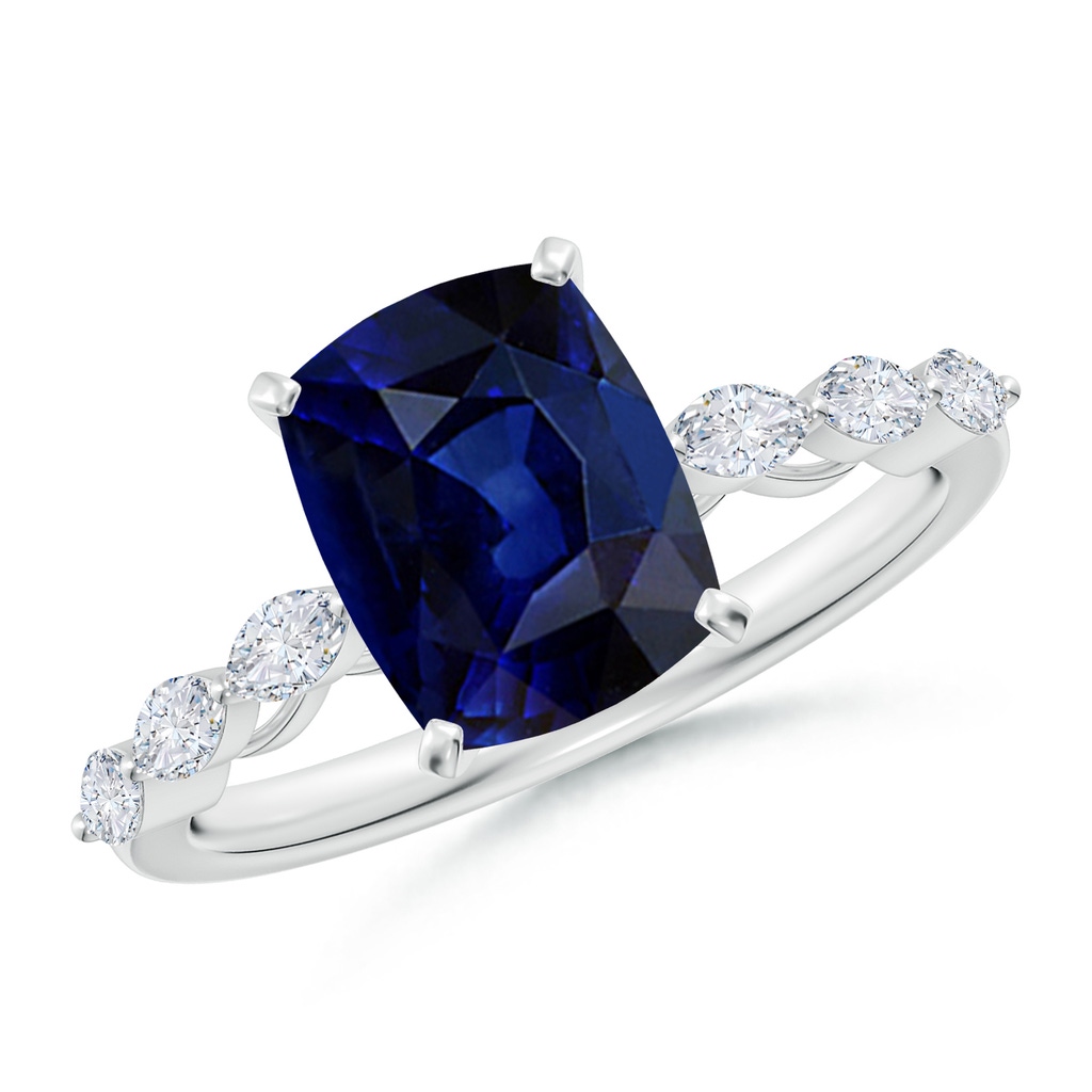 9x7mm AAA Cushion Rectangular Blue Sapphire Engagement Ring with Marquise Diamonds in White Gold