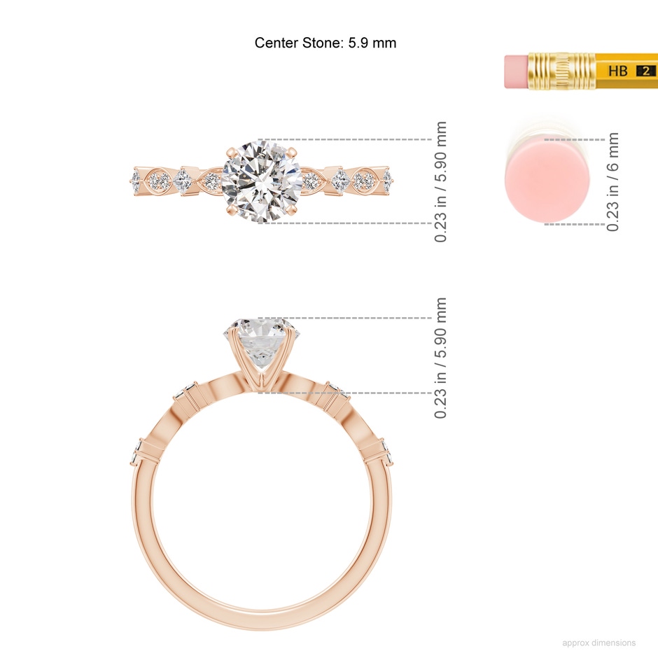 5.9mm IJI1I2 Round Diamond Engagement Ring with Marquise Motifs in Rose Gold ruler