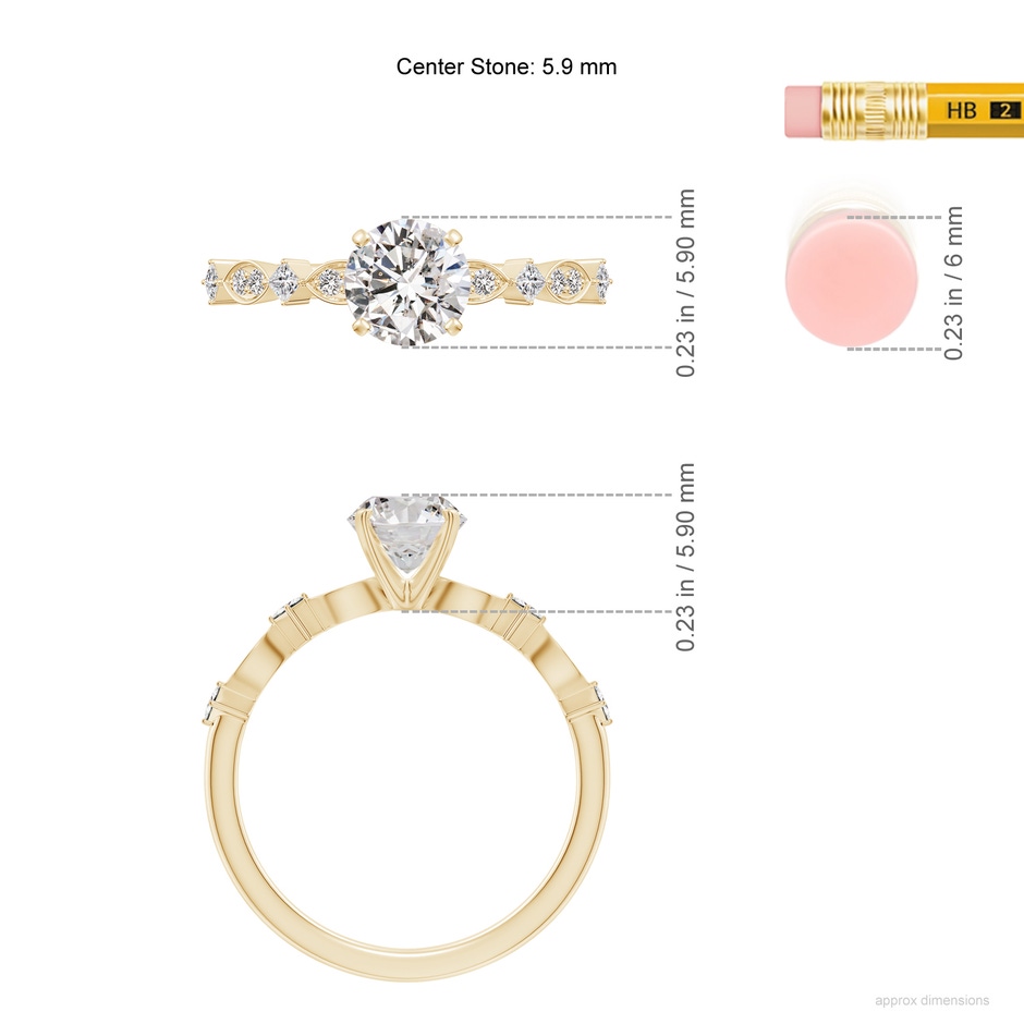 5.9mm IJI1I2 Round Diamond Engagement Ring with Marquise Motifs in Yellow Gold ruler