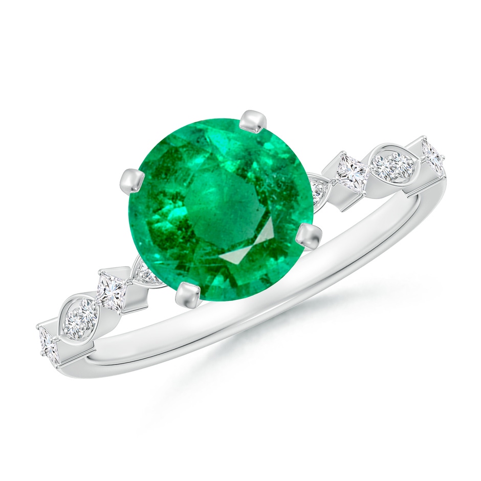 8mm AAA Round Emerald Engagement Ring with Marquise Motifs in White Gold 