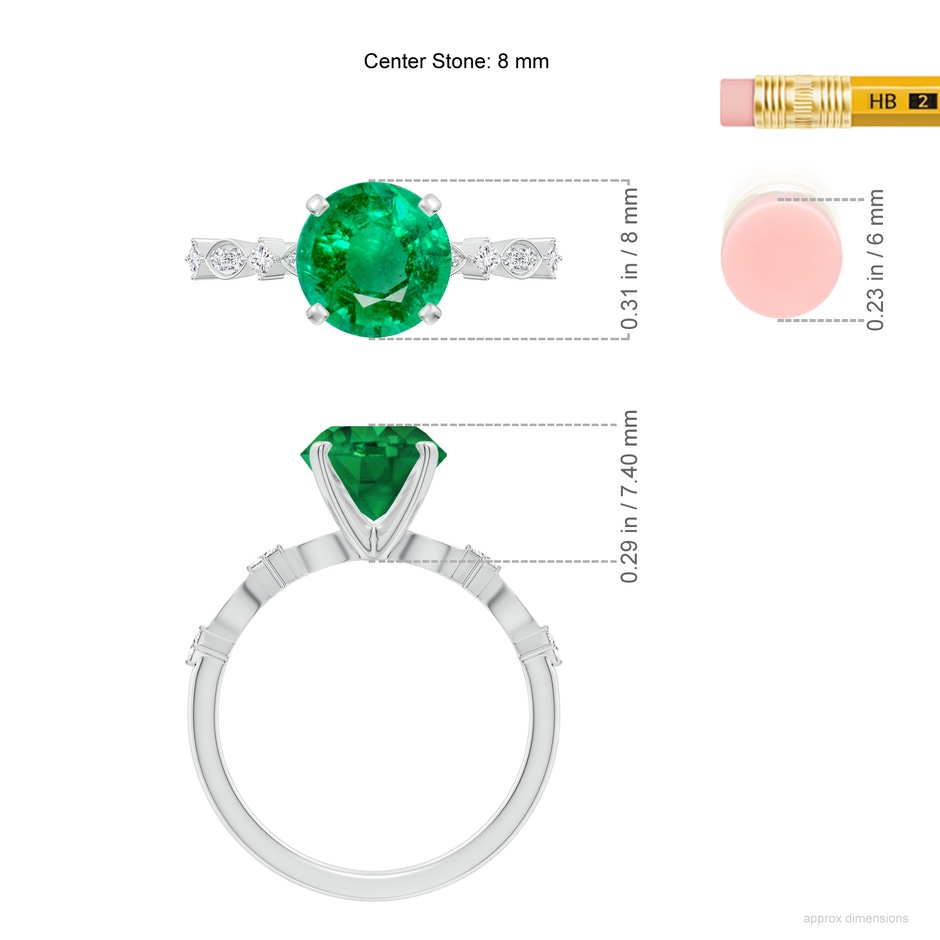 8mm AAA Round Emerald Engagement Ring with Marquise Motifs in White Gold ruler