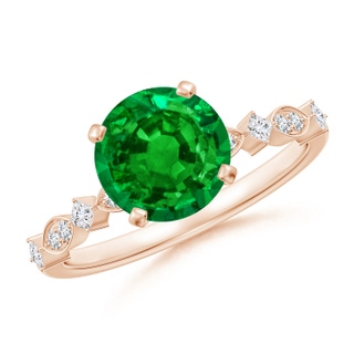 8mm AAAA Round Emerald Engagement Ring with Marquise Motifs in Rose Gold