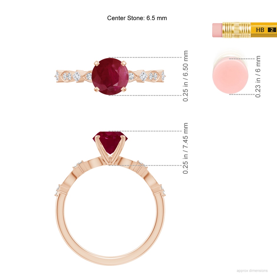 6.5mm A Round Ruby Engagement Ring with Marquise Motifs in Rose Gold ruler