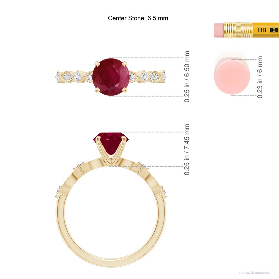 6.5mm A Round Ruby Engagement Ring with Marquise Motifs in Yellow Gold ruler
