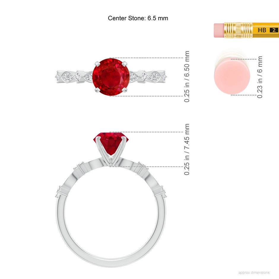 6.5mm AAA Round Ruby Engagement Ring with Marquise Motifs in White Gold ruler