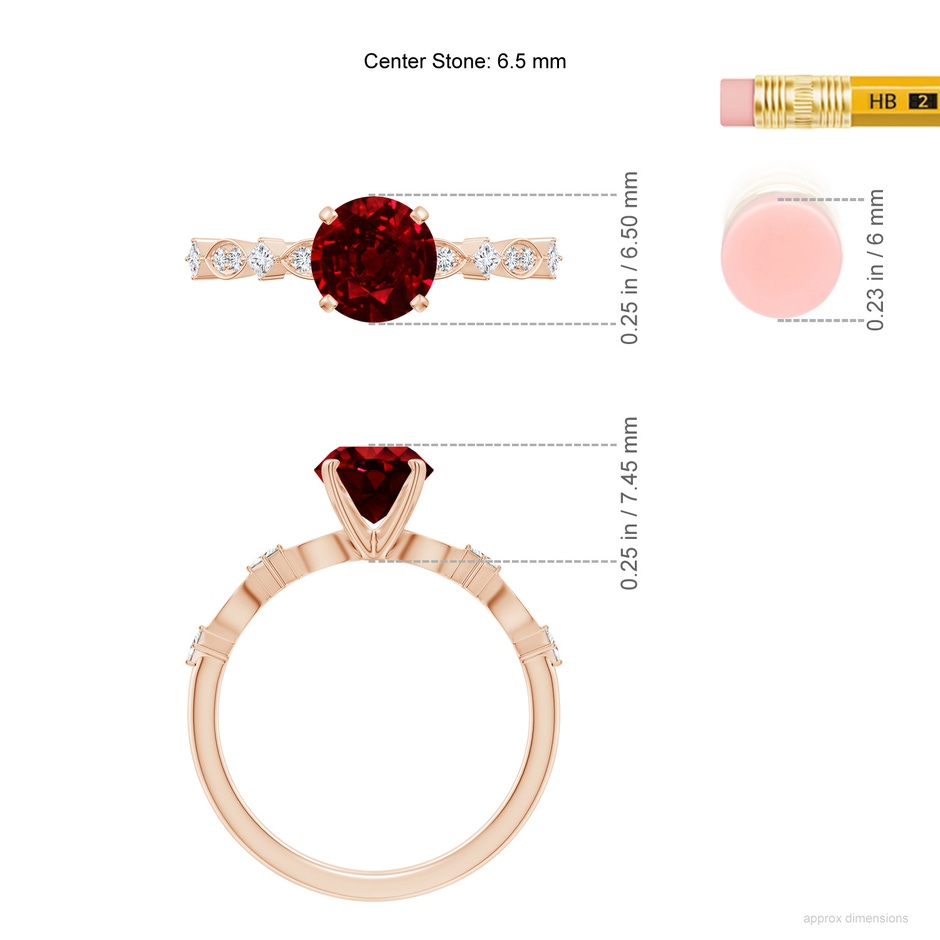 6.5mm AAAA Round Ruby Engagement Ring with Marquise Motifs in Rose Gold ruler