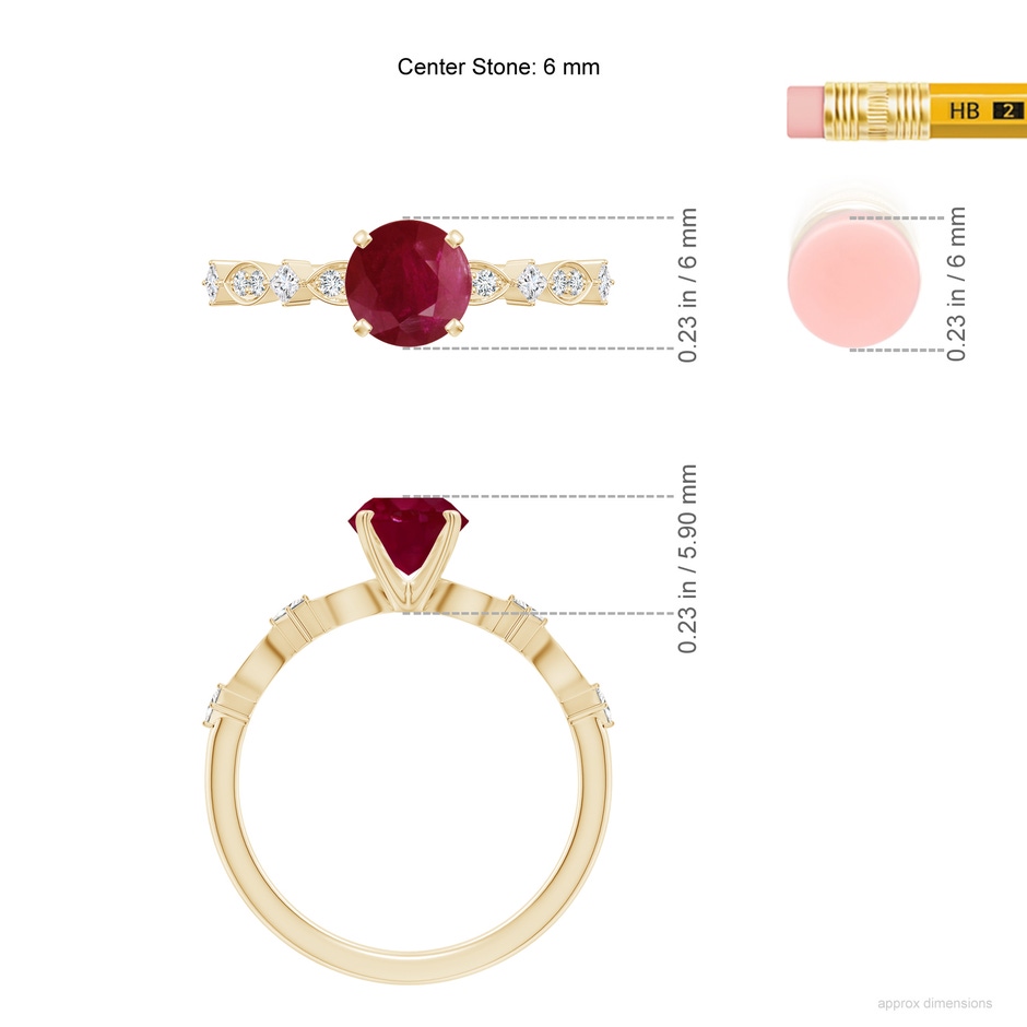 6mm A Round Ruby Engagement Ring with Marquise Motifs in Yellow Gold ruler