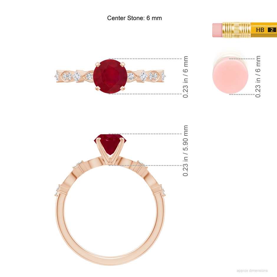 6mm AA Round Ruby Engagement Ring with Marquise Motifs in Rose Gold ruler