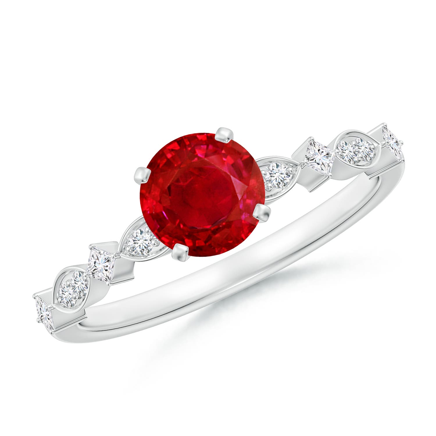 6mm AAA Round Ruby Engagement Ring with Marquise Motifs in 18K White Gold
