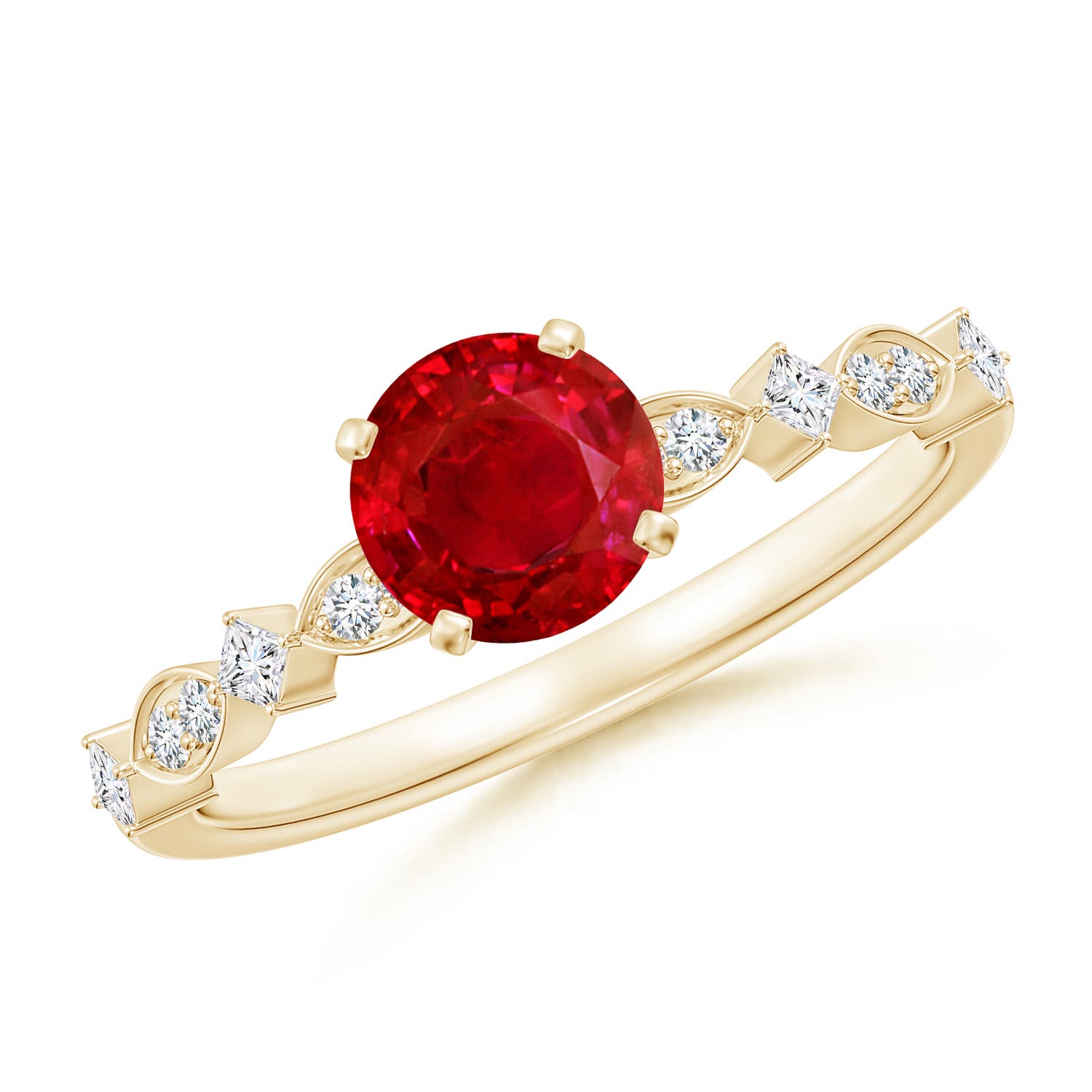 6mm AAA Round Ruby Engagement Ring with Marquise Motifs in Yellow Gold