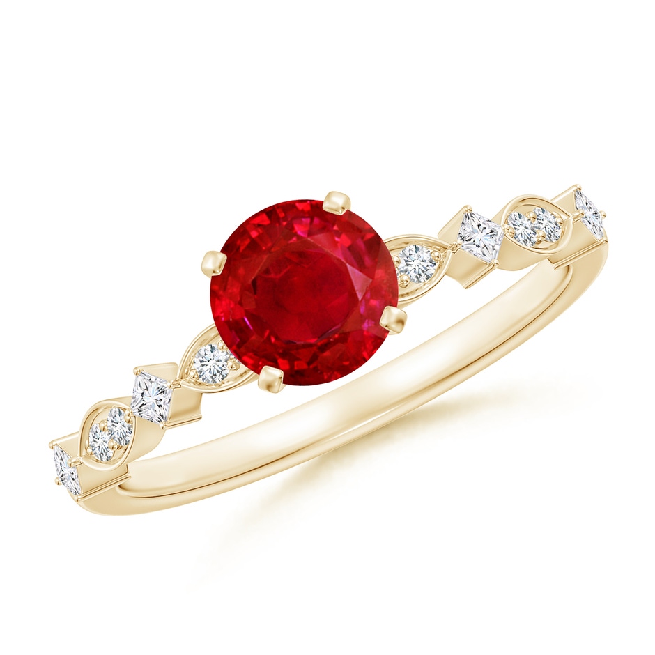 6mm AAA Round Ruby Engagement Ring with Marquise Motifs in Yellow Gold 