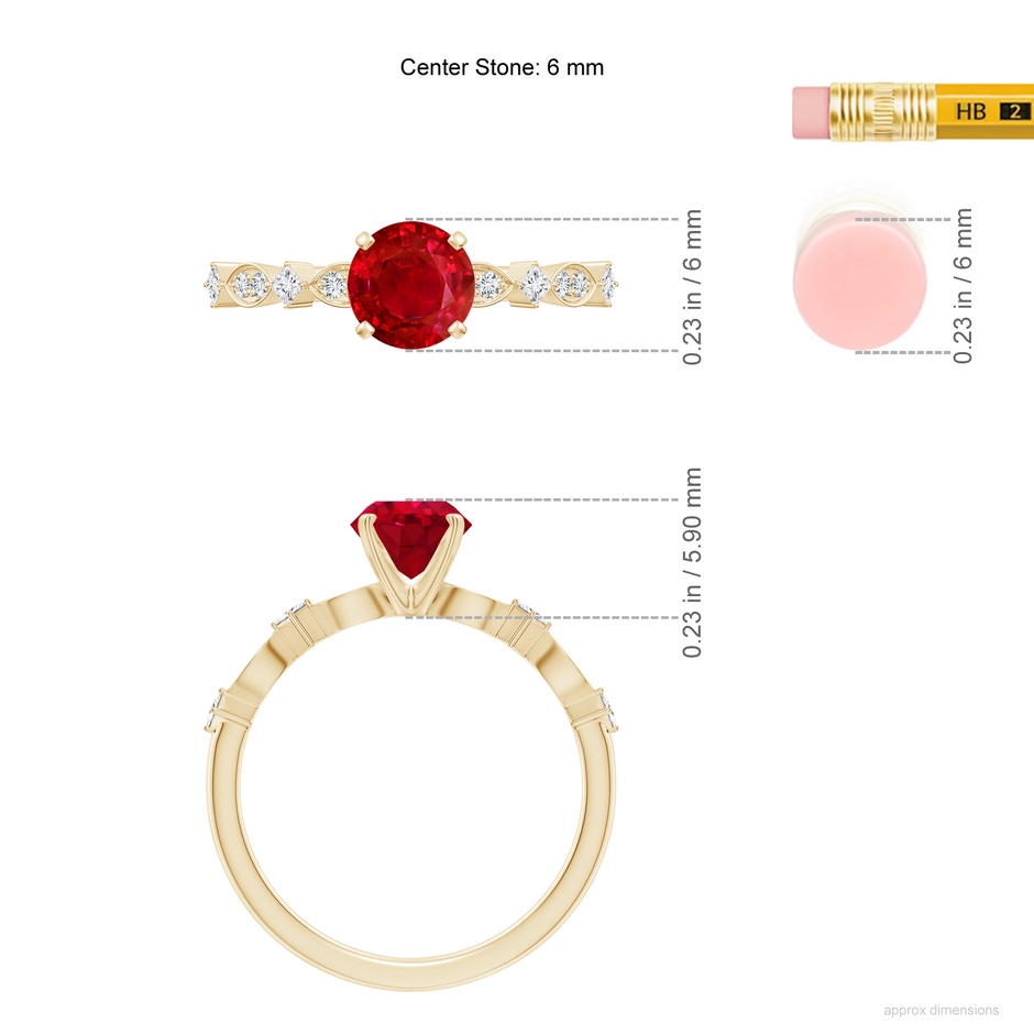 6mm AAA Round Ruby Engagement Ring with Marquise Motifs in Yellow Gold ruler