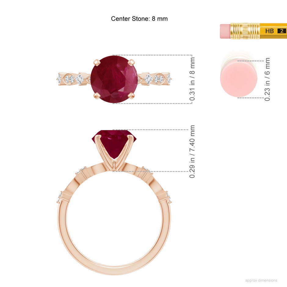 8mm A Round Ruby Engagement Ring with Marquise Motifs in Rose Gold ruler