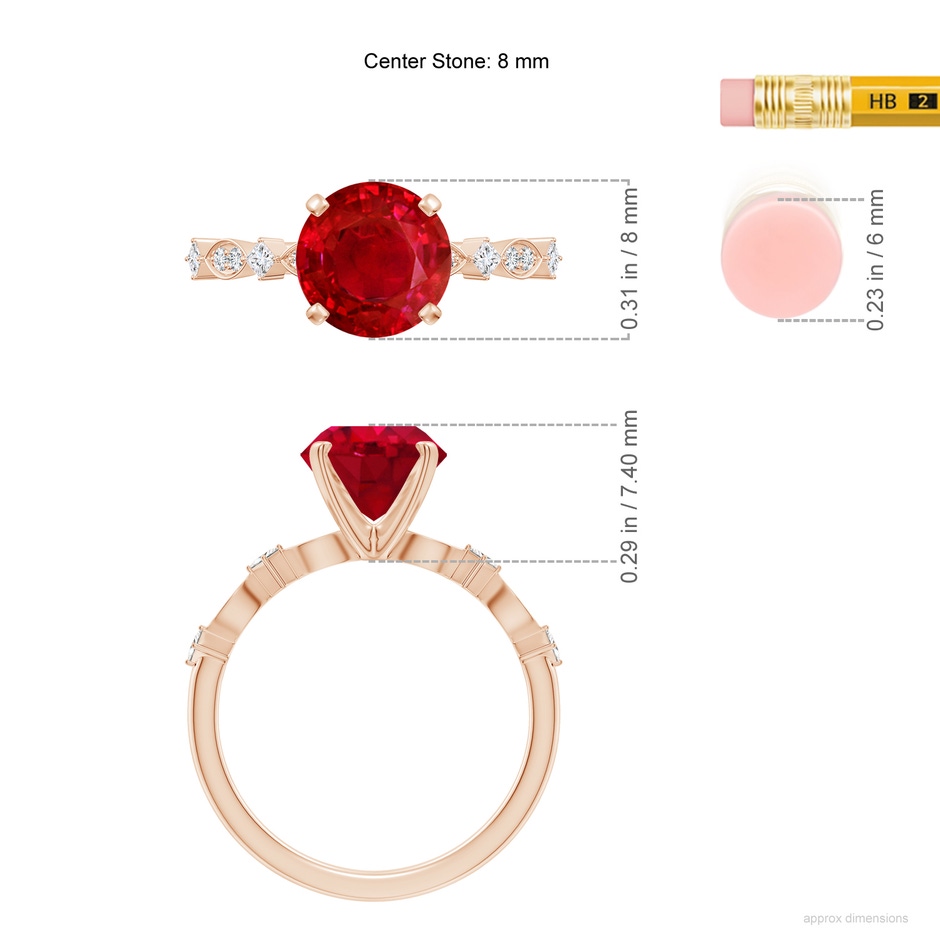 8mm AAA Round Ruby Engagement Ring with Marquise Motifs in Rose Gold ruler