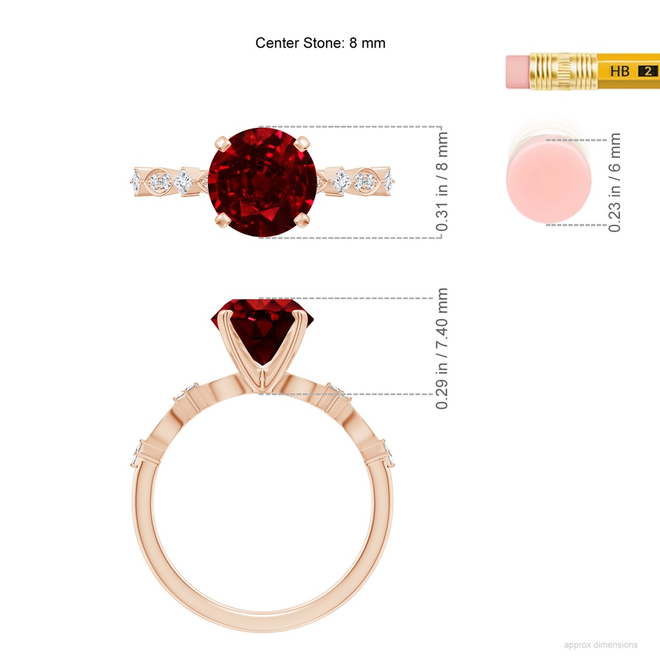 8mm AAAA Round Ruby Engagement Ring with Marquise Motifs in Rose Gold ruler