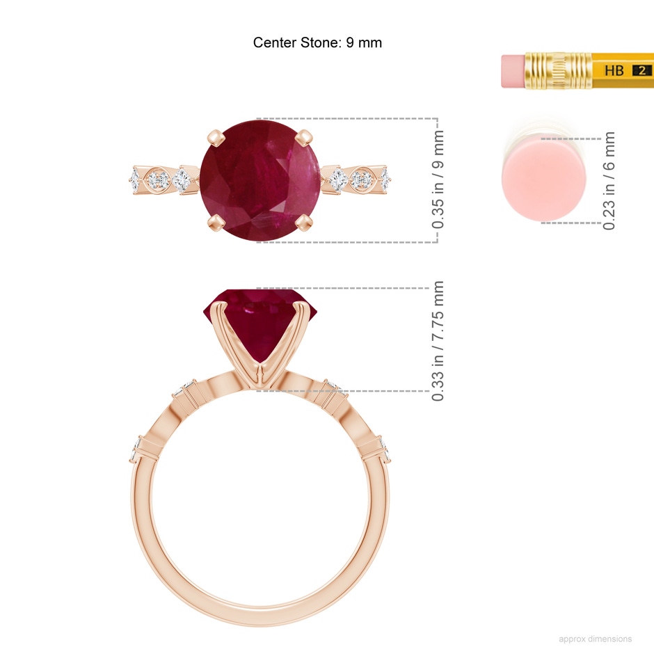 9mm A Round Ruby Engagement Ring with Marquise Motifs in Rose Gold ruler