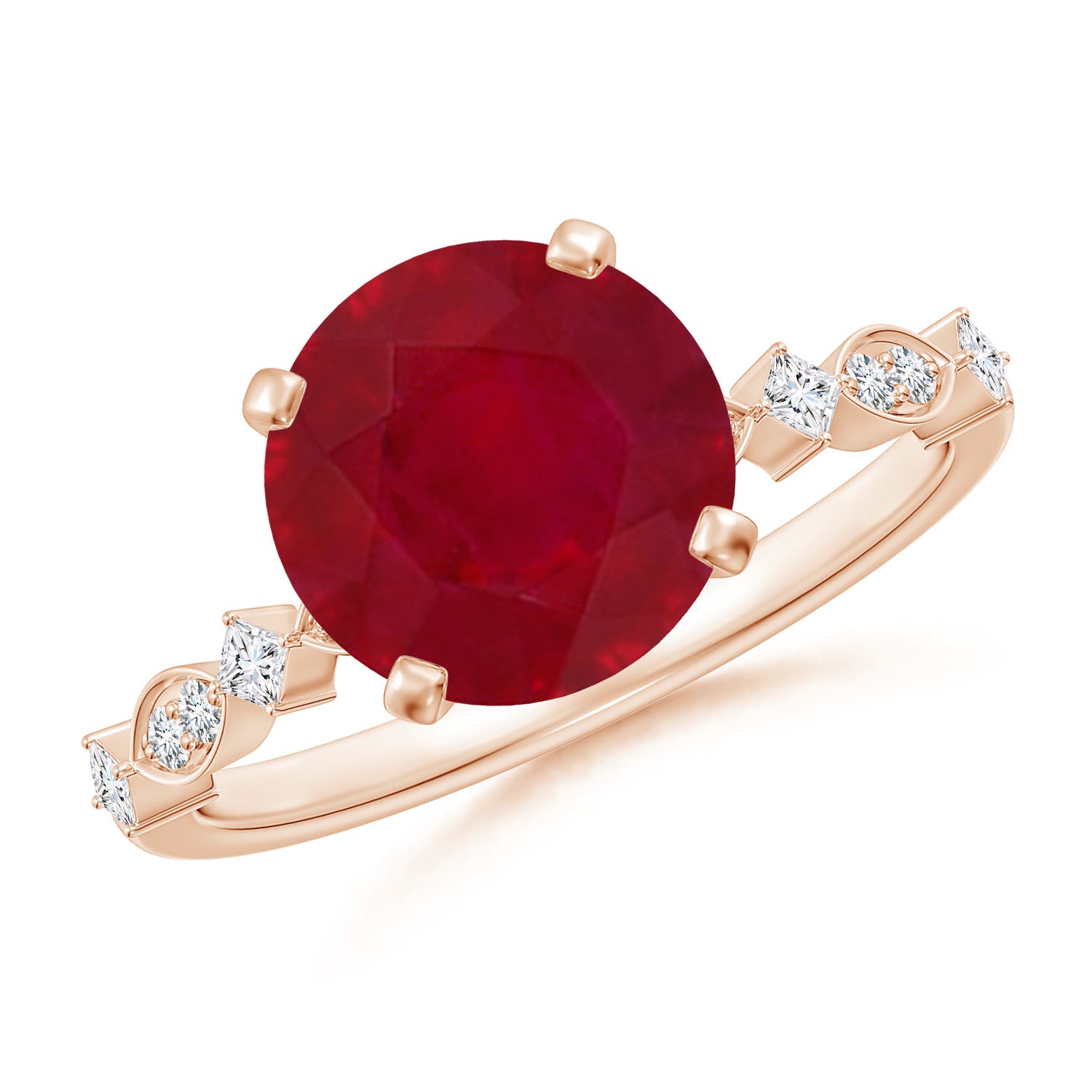 9mm AA Round Ruby Engagement Ring with Marquise Motifs in Rose Gold