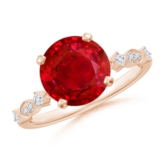 9mm AAA Round Ruby Engagement Ring with Marquise Motifs in Rose Gold