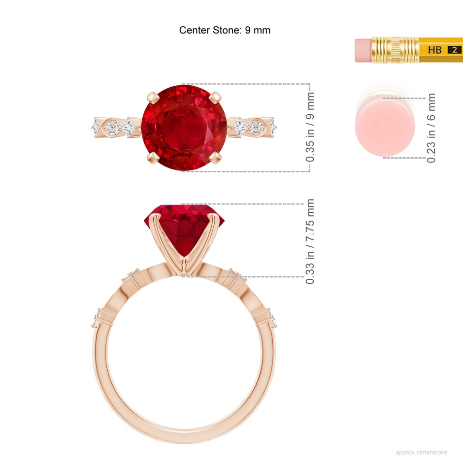 9mm AAA Round Ruby Engagement Ring with Marquise Motifs in Rose Gold ruler