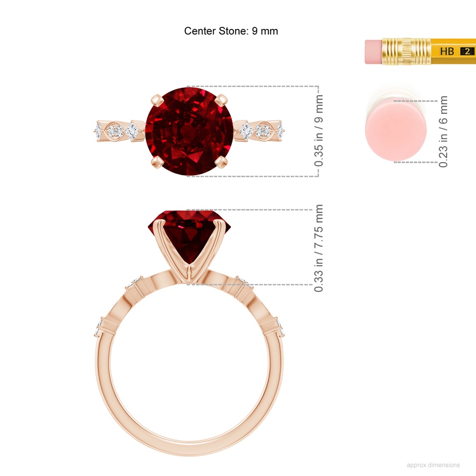 9mm AAAA Round Ruby Engagement Ring with Marquise Motifs in Rose Gold ruler