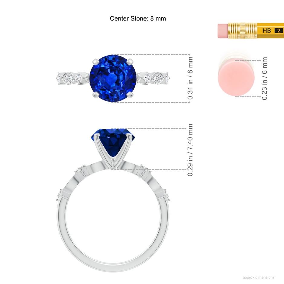 8mm Lab-Grown Round Blue Sapphire Engagement Ring with Marquise Motifs in White Gold ruler