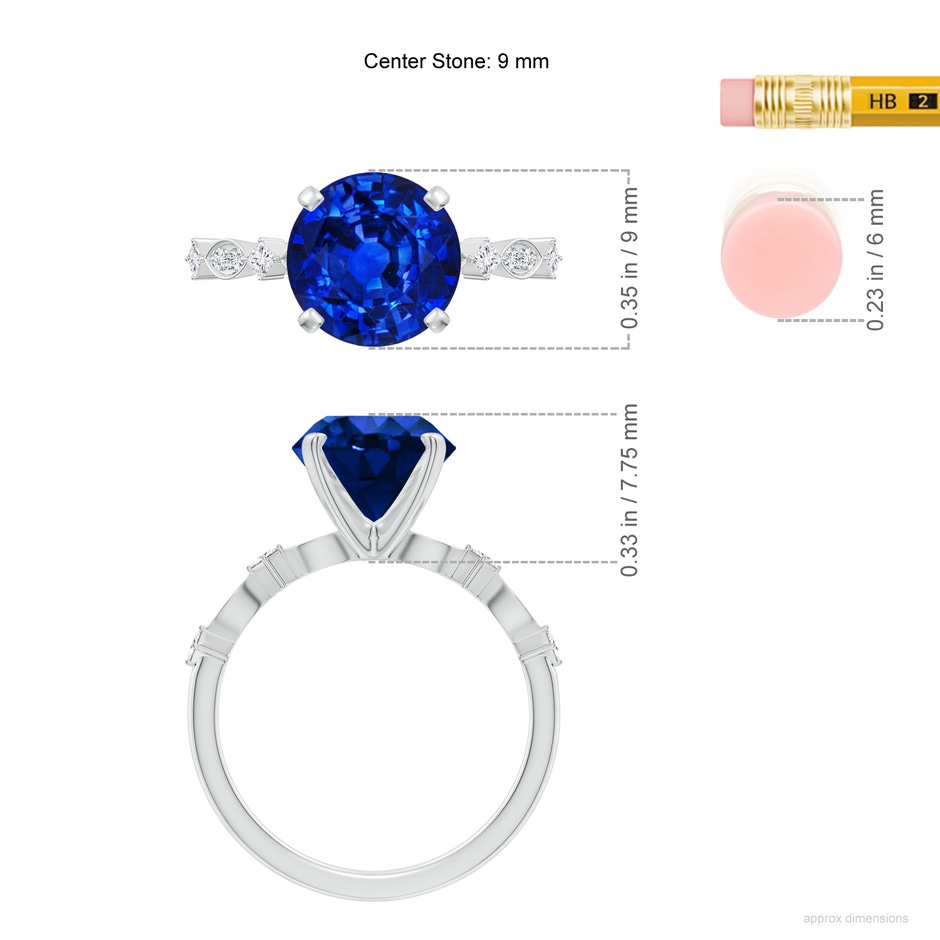 9mm Lab-Grown Round Blue Sapphire Engagement Ring with Marquise Motifs in 18K White Gold ruler