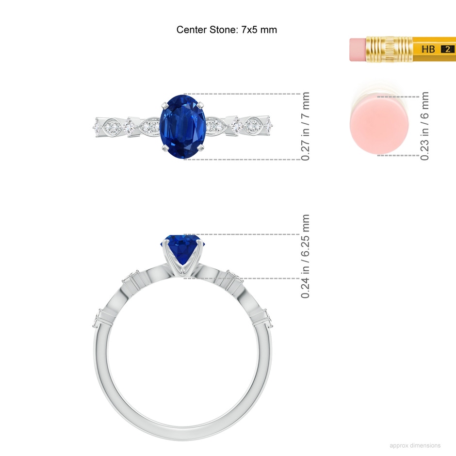 7x5mm AAA Oval Blue Sapphire Engagement Ring with Marquise Motifs in P950 Platinum ruler