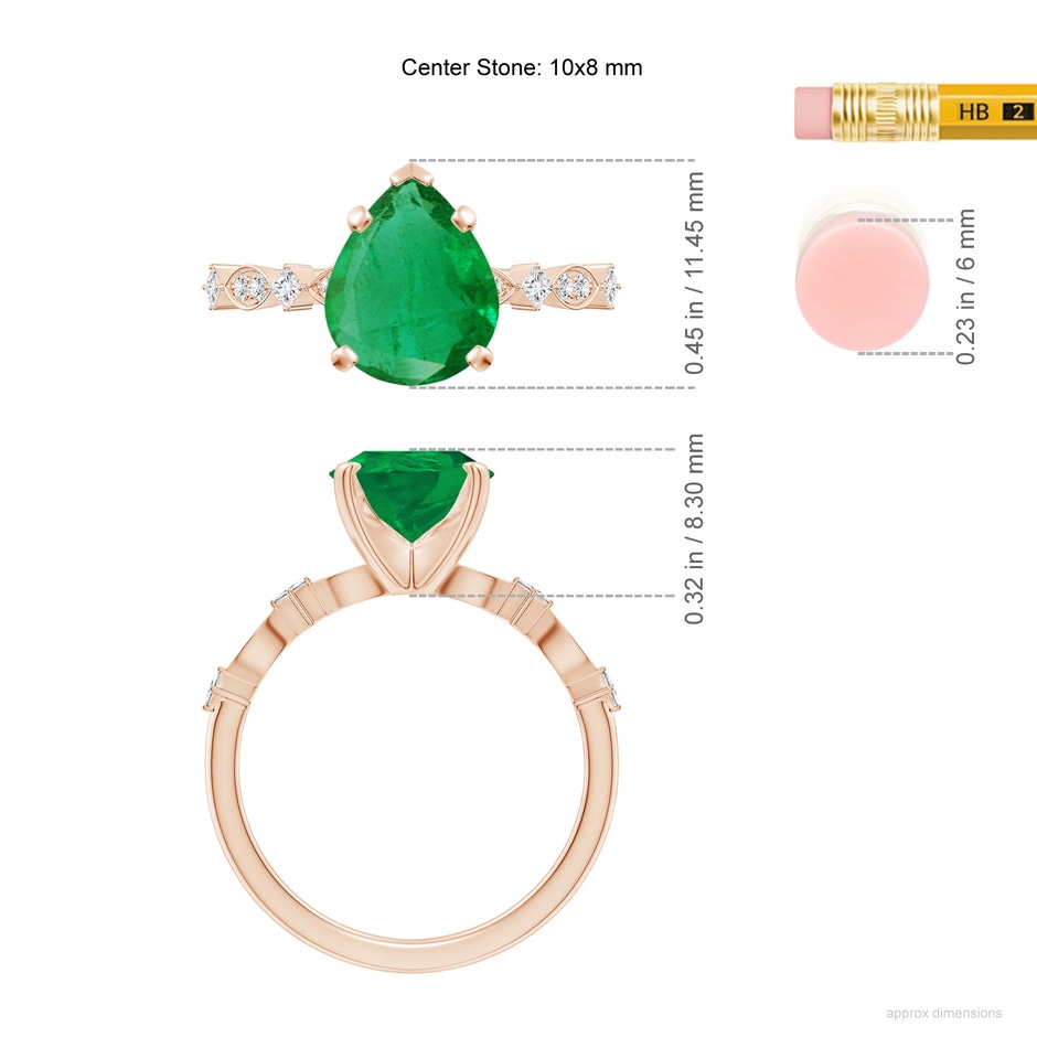 10x8mm AA Pear Emerald Engagement Ring with Marquise Motifs in Rose Gold ruler