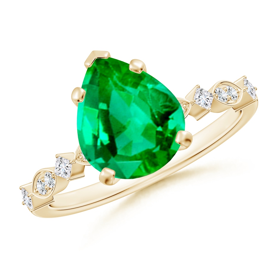 10x8mm AAA Pear Emerald Engagement Ring with Marquise Motifs in Yellow Gold 