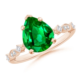10x8mm AAAA Pear Emerald Engagement Ring with Marquise Motifs in 18K Rose Gold