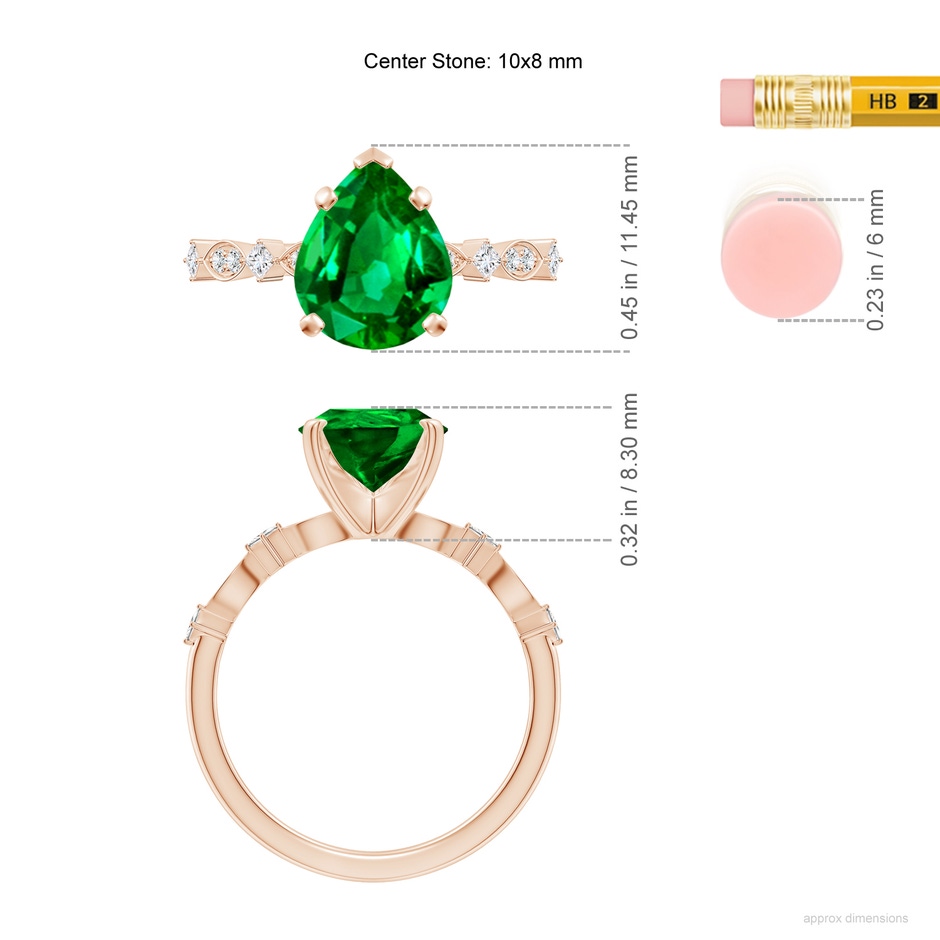 10x8mm AAAA Pear Emerald Engagement Ring with Marquise Motifs in Rose Gold ruler