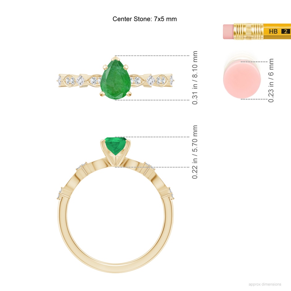 7x5mm A Pear Emerald Engagement Ring with Marquise Motifs in 9K Yellow Gold ruler