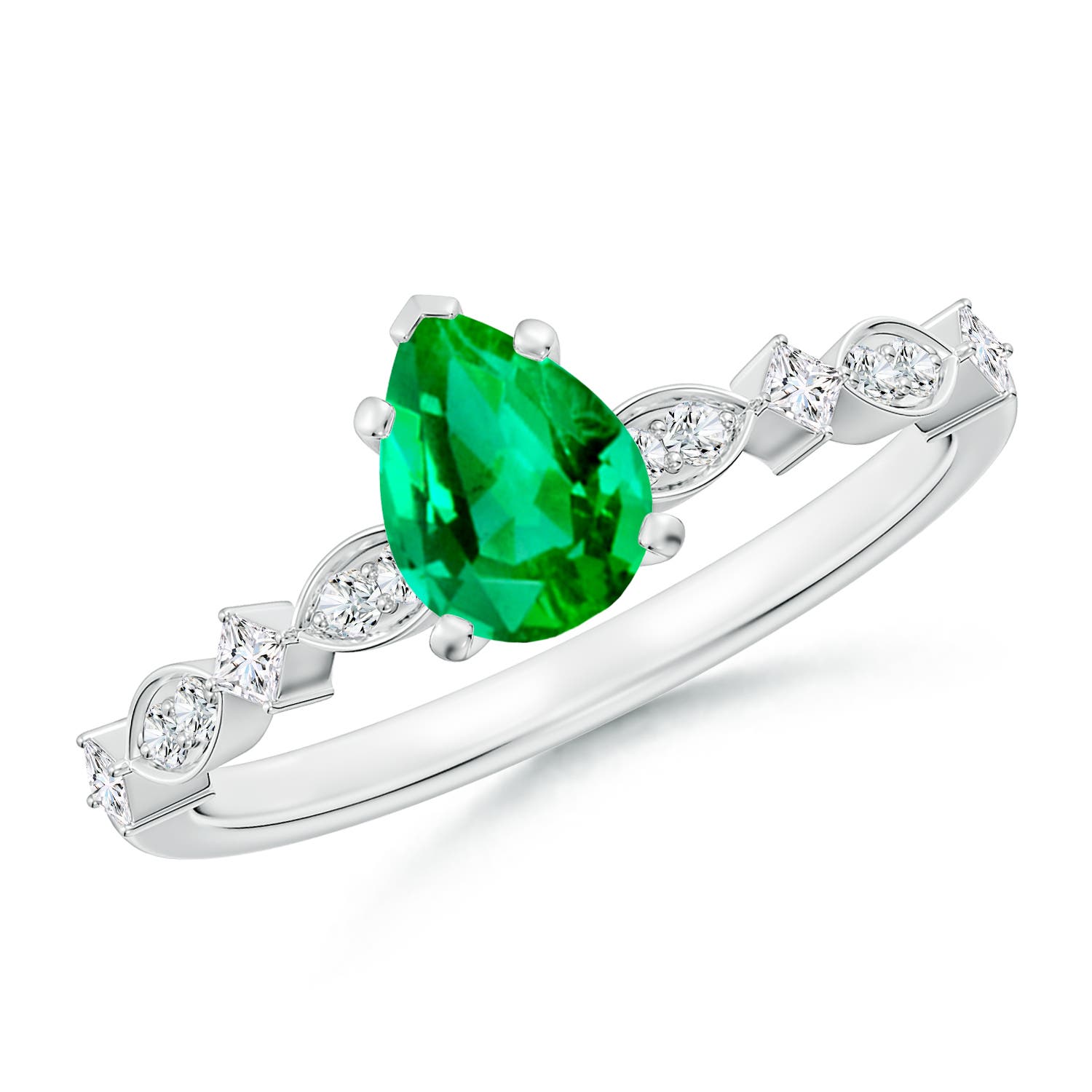 7x5mm AAA Pear Emerald Engagement Ring with Marquise Motifs in 18K White Gold