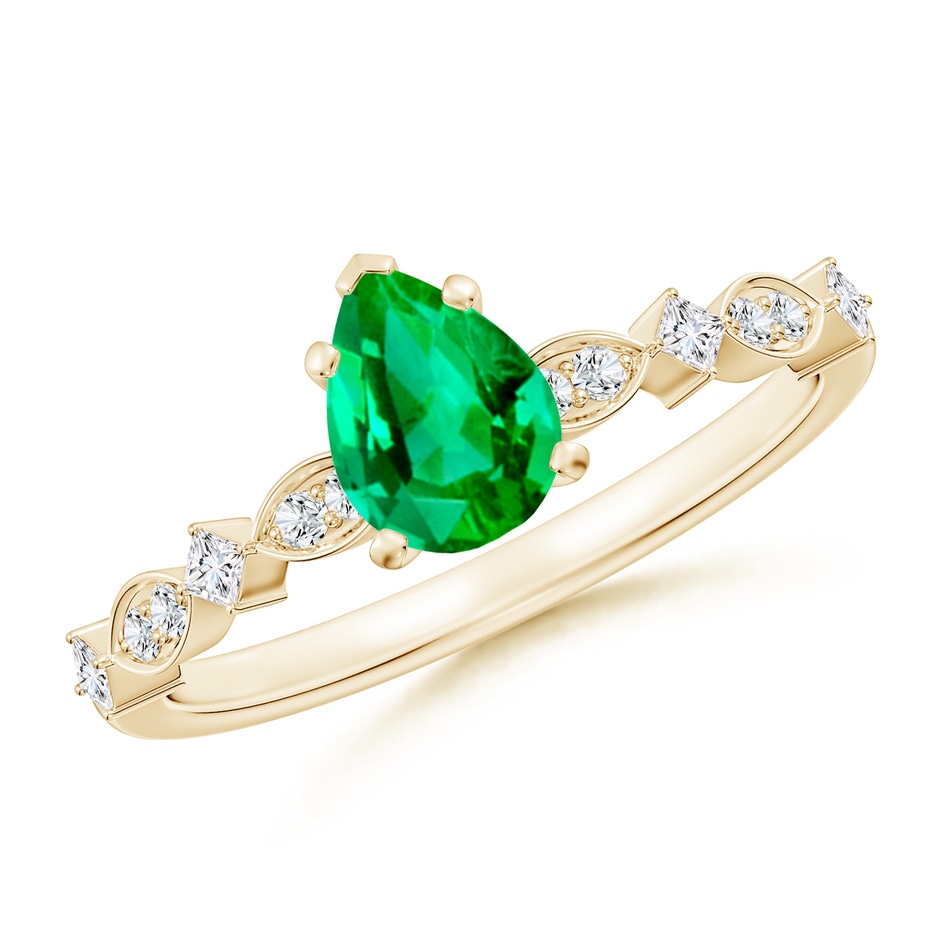 7x5mm AAA Pear Emerald Engagement Ring with Marquise Motifs in Yellow Gold 