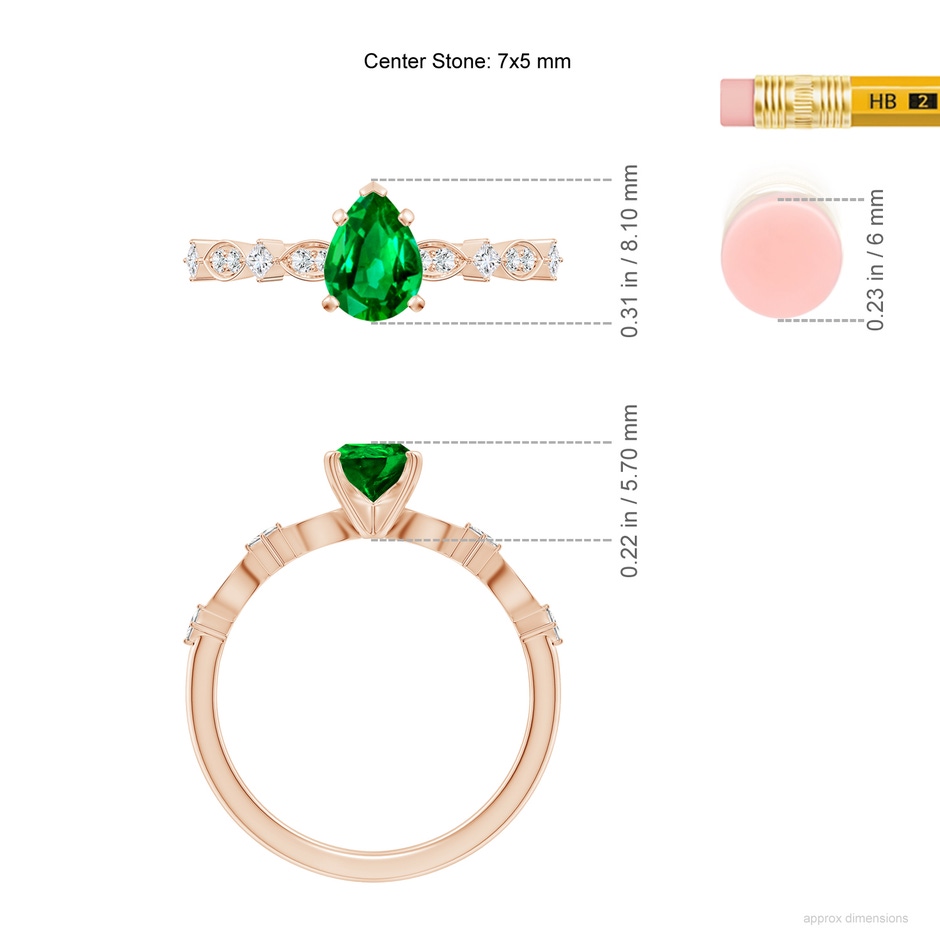 7x5mm AAAA Pear Emerald Engagement Ring with Marquise Motifs in Rose Gold ruler