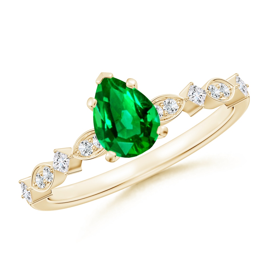7x5mm AAAA Pear Emerald Engagement Ring with Marquise Motifs in Yellow Gold 