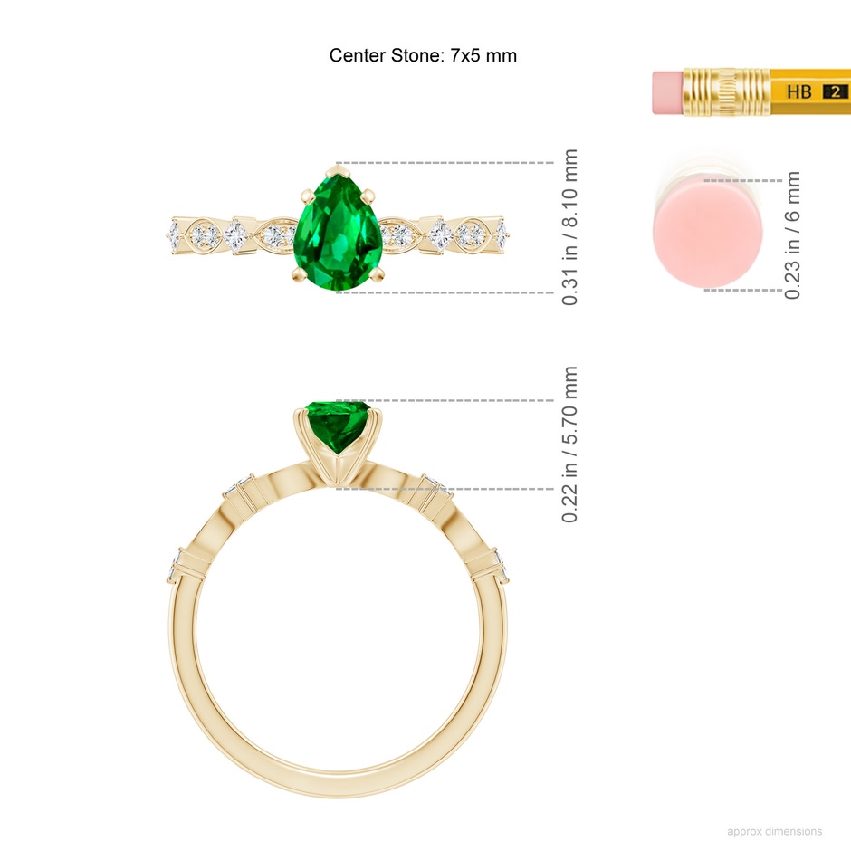 7x5mm AAAA Pear Emerald Engagement Ring with Marquise Motifs in Yellow Gold ruler