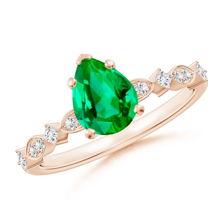 8x6mm AAA Pear Emerald Engagement Ring with Marquise Motifs in Rose Gold 
