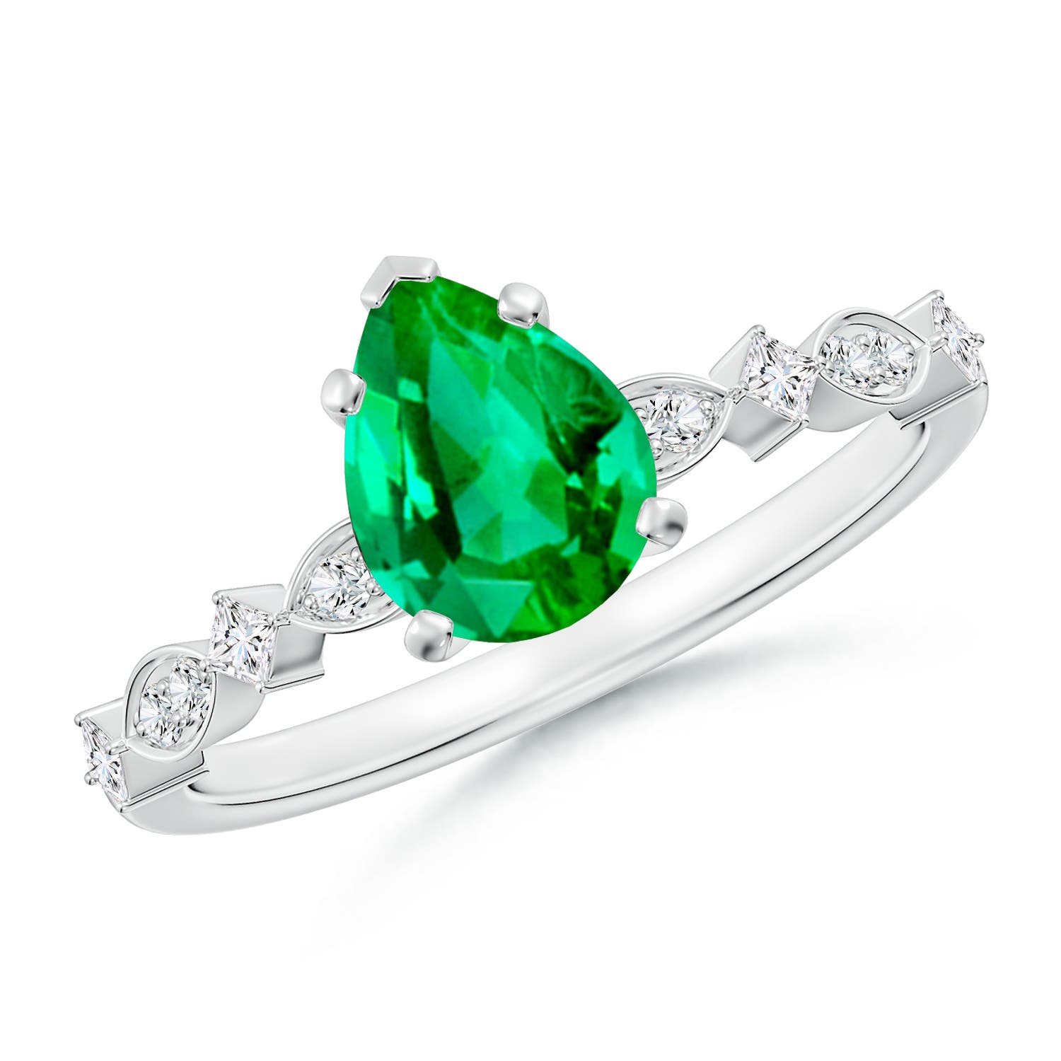 8x6mm AAA Pear Emerald Engagement Ring with Marquise Motifs in White Gold