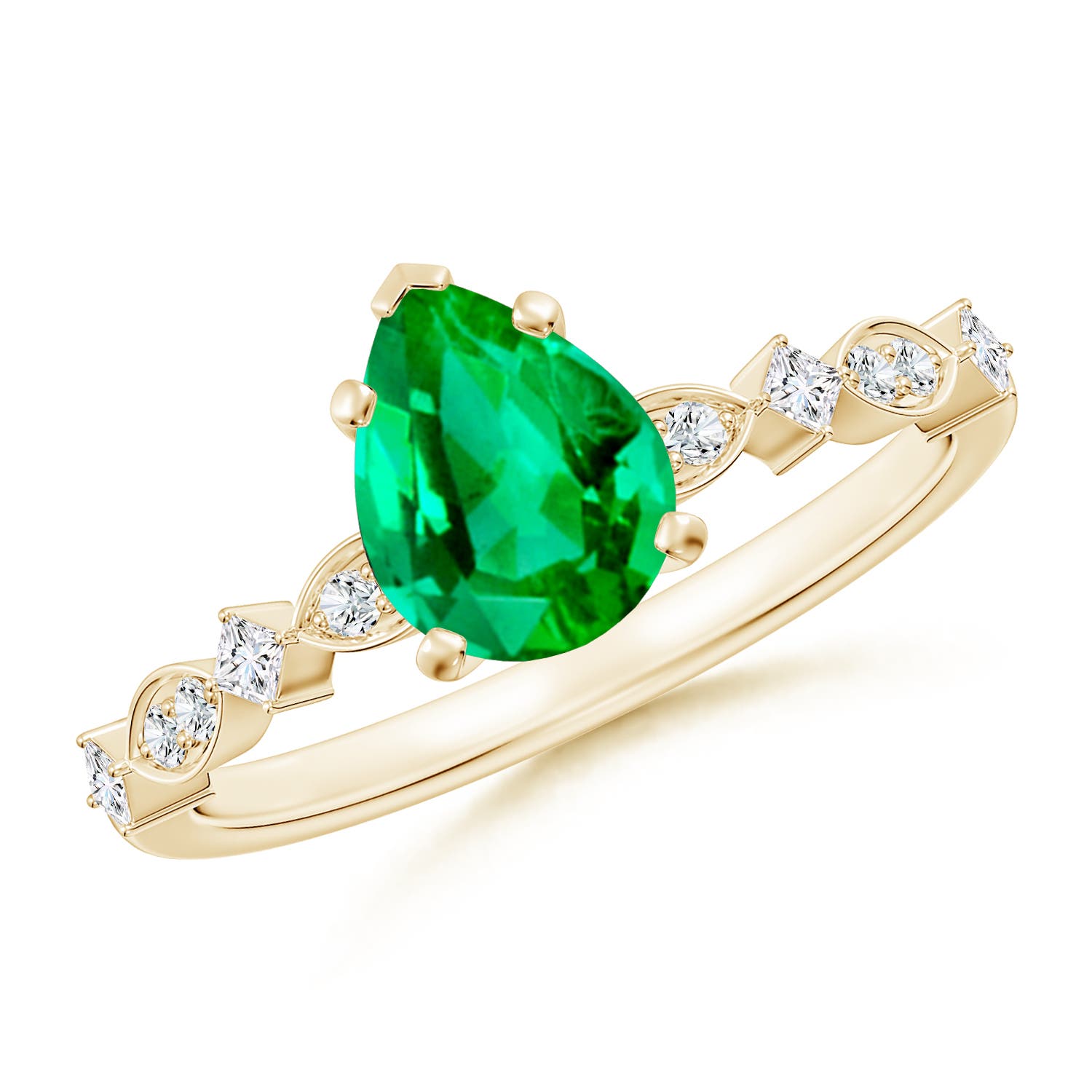 8x6mm AAA Pear Emerald Engagement Ring with Marquise Motifs in Yellow Gold
