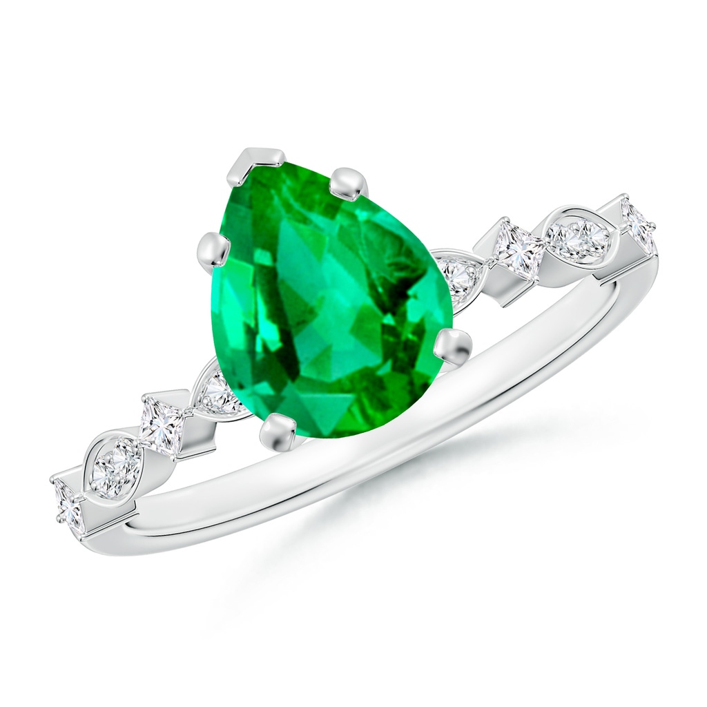 9x7mm AAA Pear Emerald Engagement Ring with Marquise Motifs in White Gold