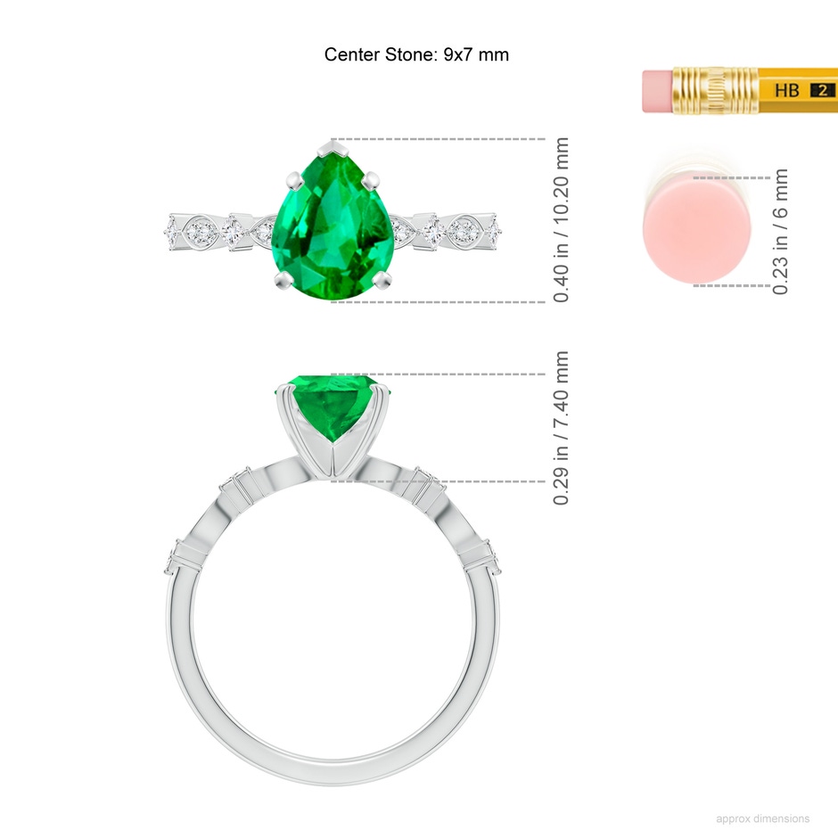 9x7mm AAA Pear Emerald Engagement Ring with Marquise Motifs in White Gold ruler