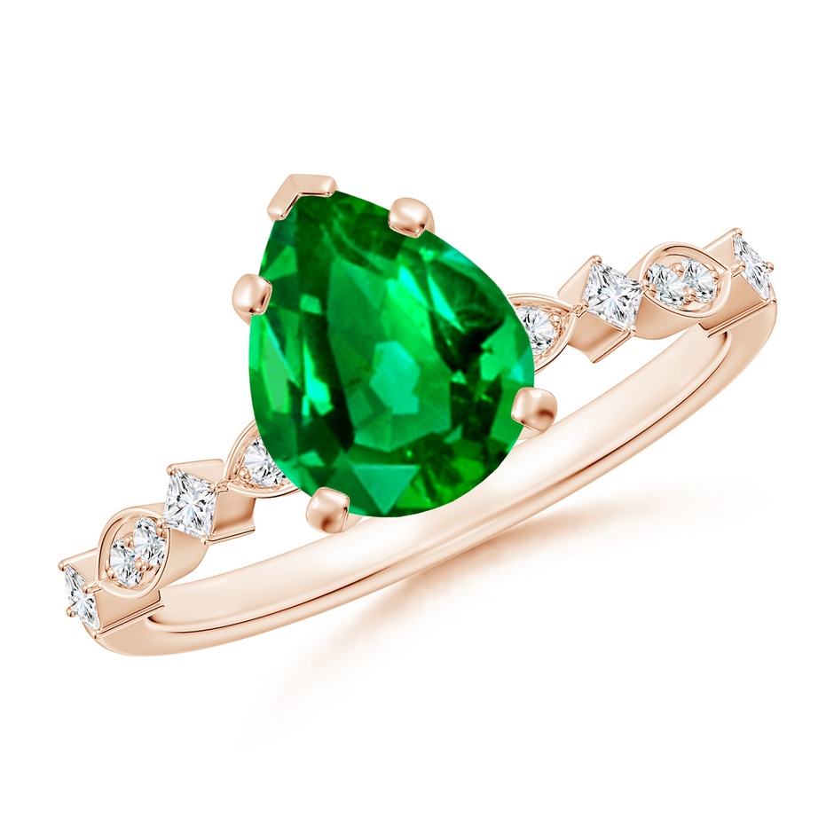 9x7mm AAAA Pear Emerald Engagement Ring with Marquise Motifs in Rose Gold 