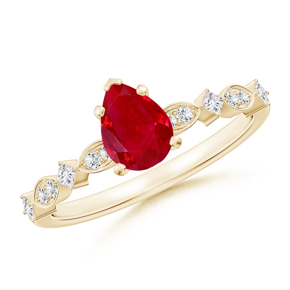 7x5mm AAA Pear Ruby Engagement Ring with Marquise Motifs in 18K Yellow Gold 