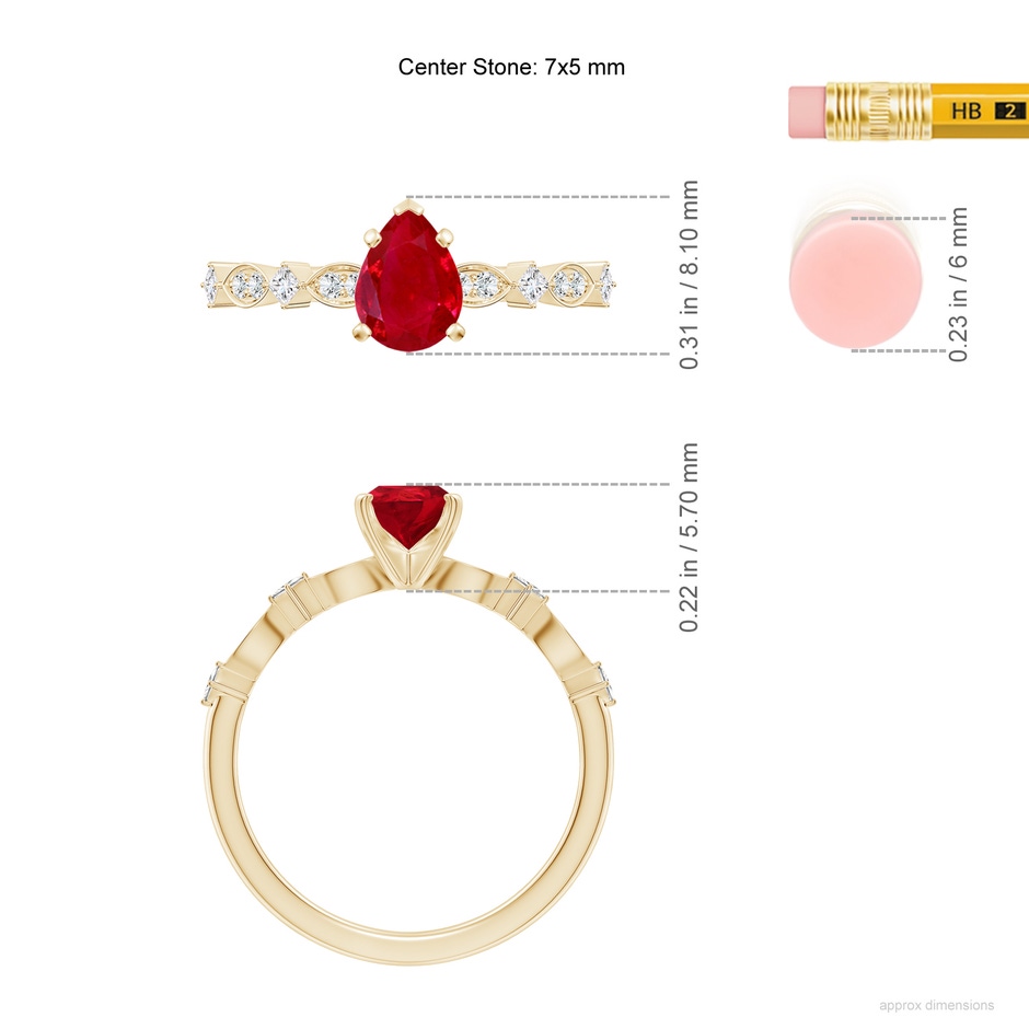 7x5mm AAA Pear Ruby Engagement Ring with Marquise Motifs in 18K Yellow Gold ruler