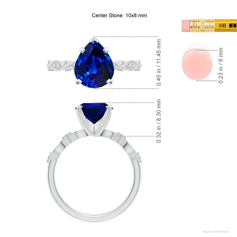 10x8mm Lab-Grown Pear Blue Sapphire Engagement Ring with Marquise Motifs in 18K White Gold ruler